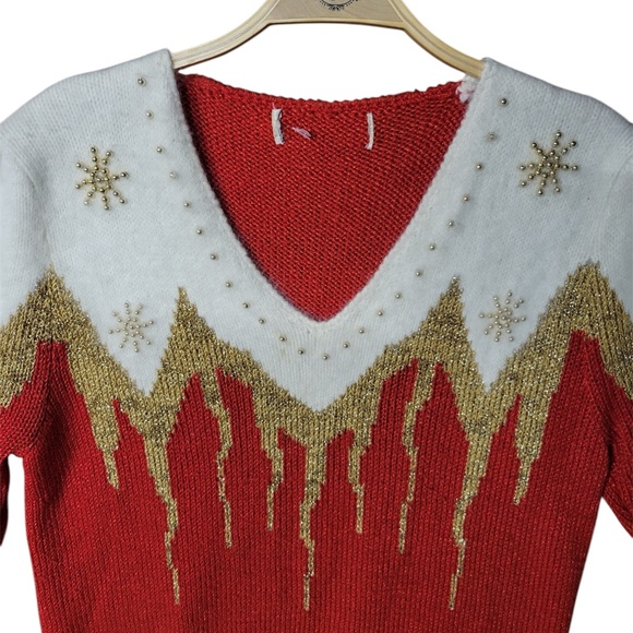 Red Vintage Ugly Christmas Sweater - V Neck(UNISEX) - Picture 4 of 9